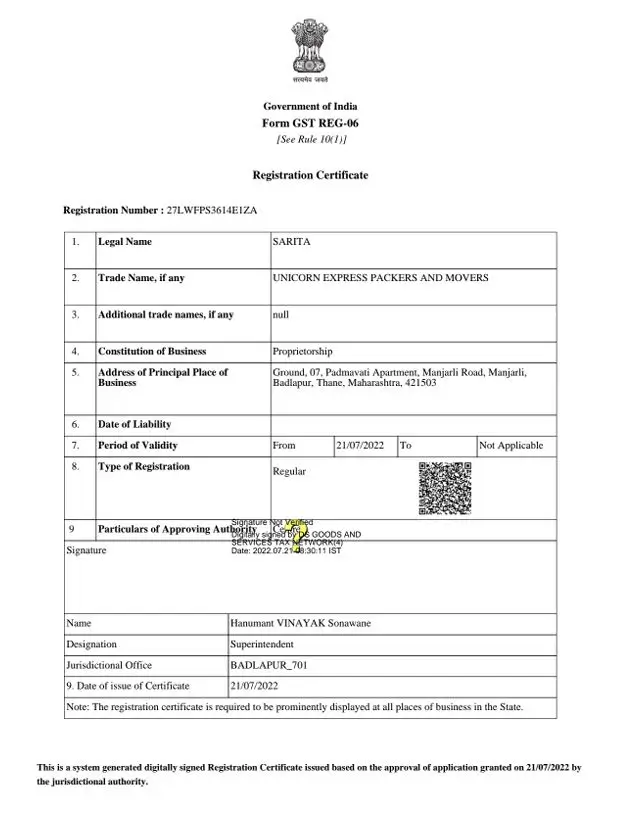 GST Registration Certificate of Unicorn Express Packers and Movers