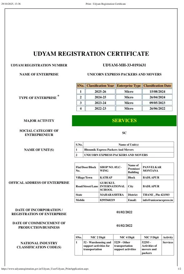 MSME Udyam Registration Certificate for Unicorn Express Packers and Movers